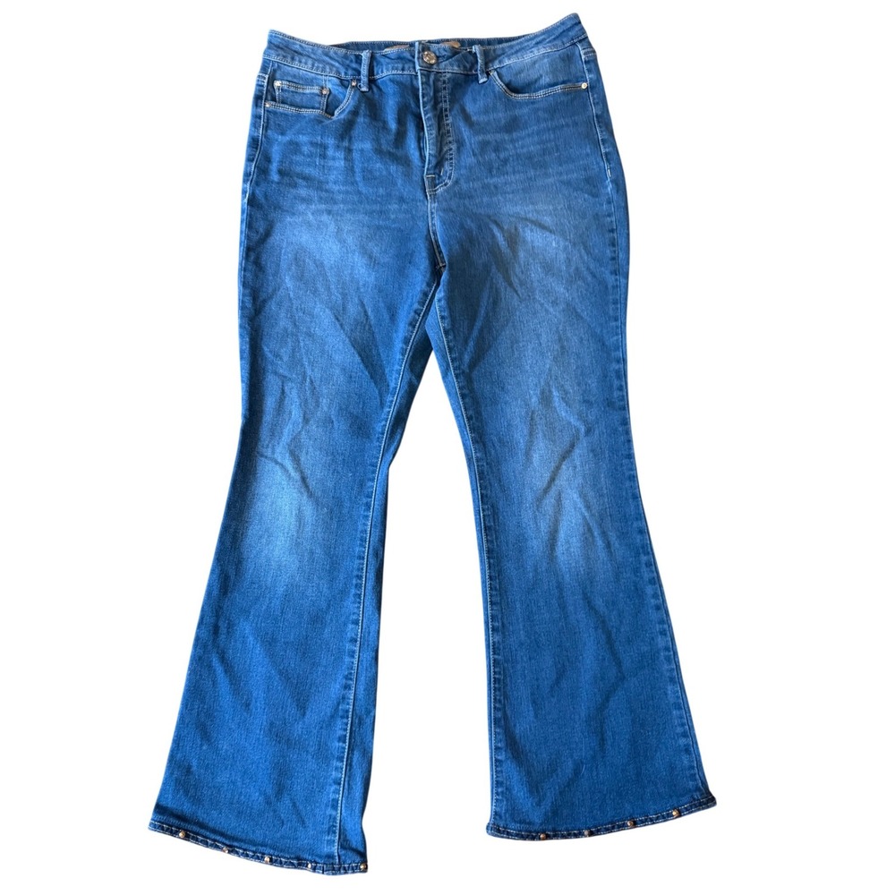 Seven7 Womens High Rise Flare Jeans Medium Wash Studded Hem‎ Size 12